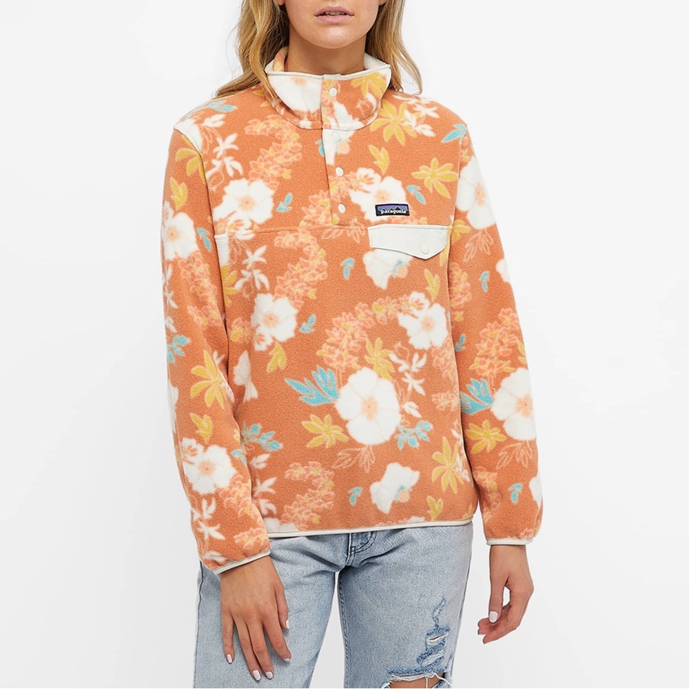 Patagonia Women's Orange Floral Synchilla Snap-T Fleece Pullover